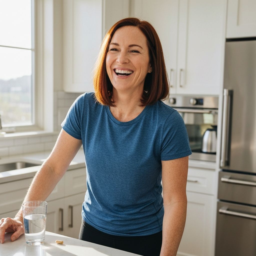 Woman feeling energized and healthy, taking a daily supplement as part of her morning routine